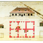 Фасад и план каменного корпуса здания для присутственных мест в г. Белозерске. 1767 год